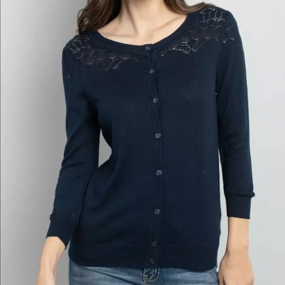 Sweaters - MAK sweater crew neck 3/4 sleeve knit cardigan navy